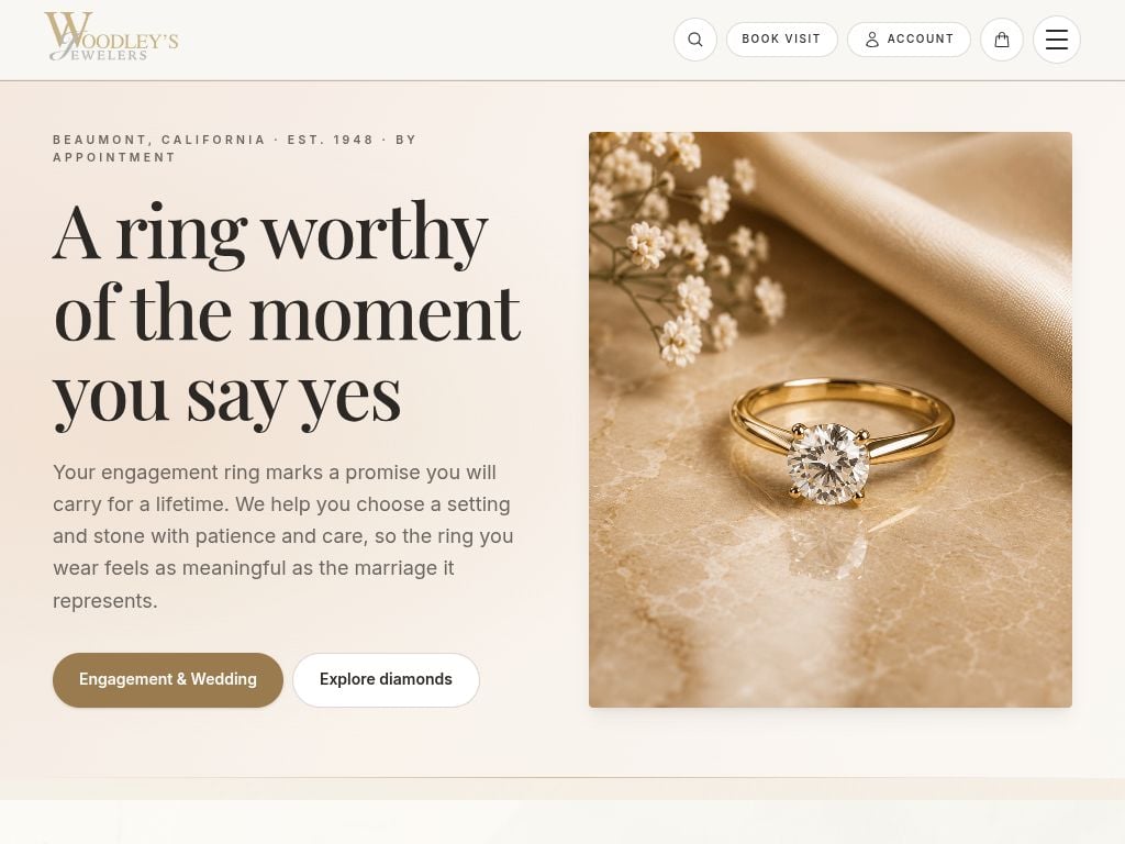 Tablet preview of the Woodley's Jewelers website